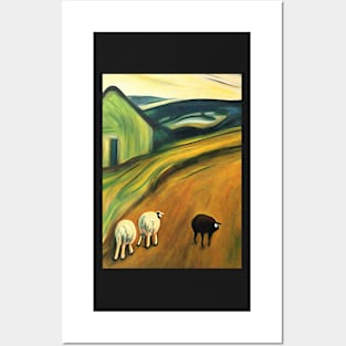 Colourful oil painting of a farm with sheep Posters and Art